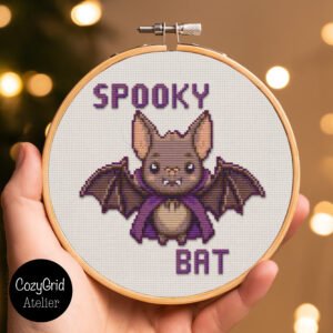 Spooky Bat Cross Stitch Pattern, Cute Vampire Bat with Purple Cape Halloween PDF Chart