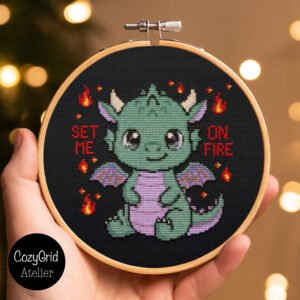 Cute Baby Dragon Cross Stitch Pattern, Set Me On Fire Fantasy Creature on Black Aida PDF Chart