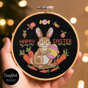 Happy Easter Bunny Cross Stitch Pattern, Spring Holiday Rabbit on Black Aida PDF Chart