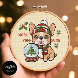 Christmas French Bulldog Cross Stitch Pattern, Holiday Frenchie with Snow Globe PDF Chart