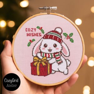 Christmas Rabbit Cross Stitch Pattern, Winter Bunny with Beanie and Present PDF Chart