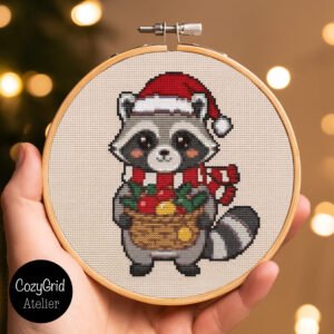 Cute Christmas Raccoon Cross Stitch Pattern, Winter Holiday Embroidery Chart PDF