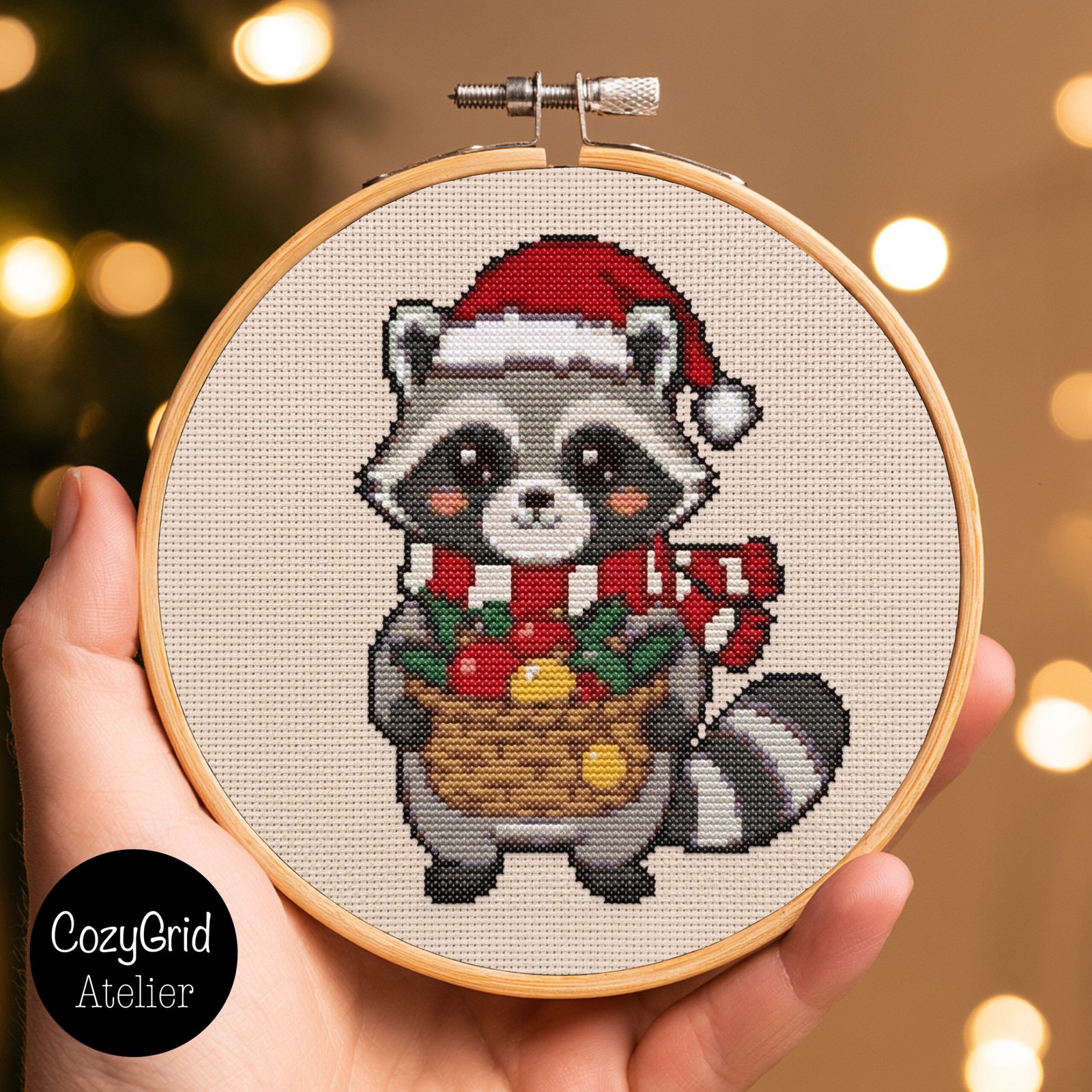Cute Christmas Raccoon Cross Stitch Pattern, Winter Holiday Embroidery Chart PDF