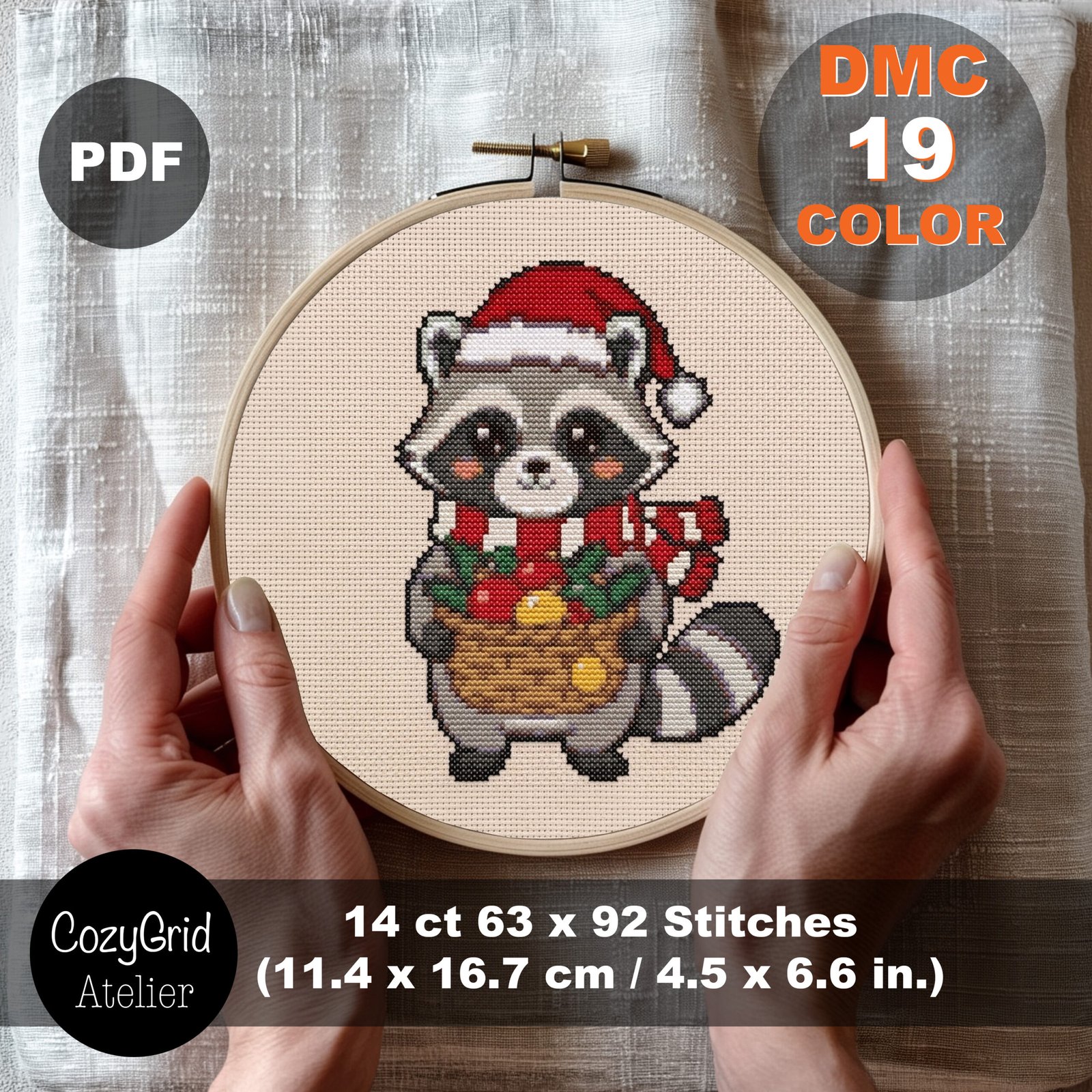 Cute Christmas Raccoon Cross Stitch Pattern, Winter Holiday Embroidery Chart PDF - Image 3