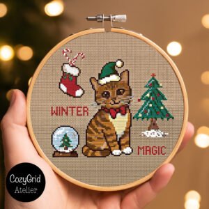 Brown Tabby Cat Cross Stitch Pattern, Winter Magic Kitten with Santa Hat Embroidery PDF Chart