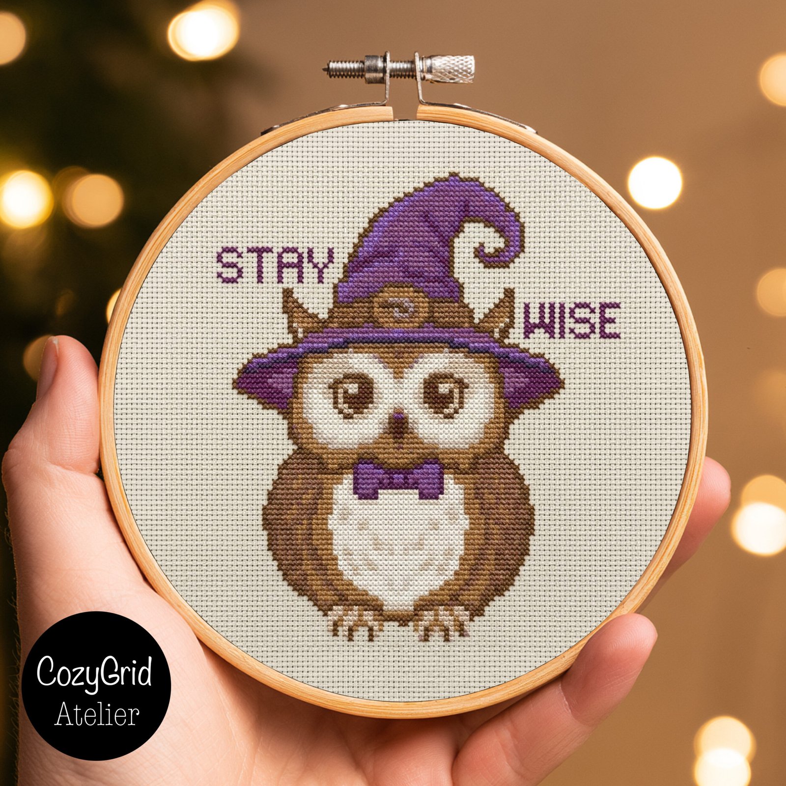 Stay Wise Owl Cross Stitch Pattern, Cute Witch Owl with Purple Hat Embroidery Chart PDF