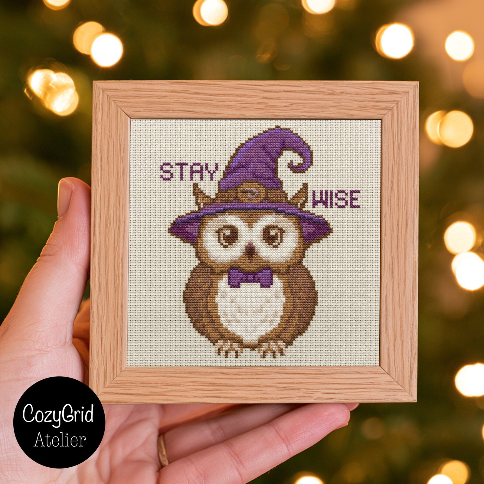 Stay Wise Owl Cross Stitch Pattern, Cute Witch Owl with Purple Hat Embroidery Chart PDF - Image 2