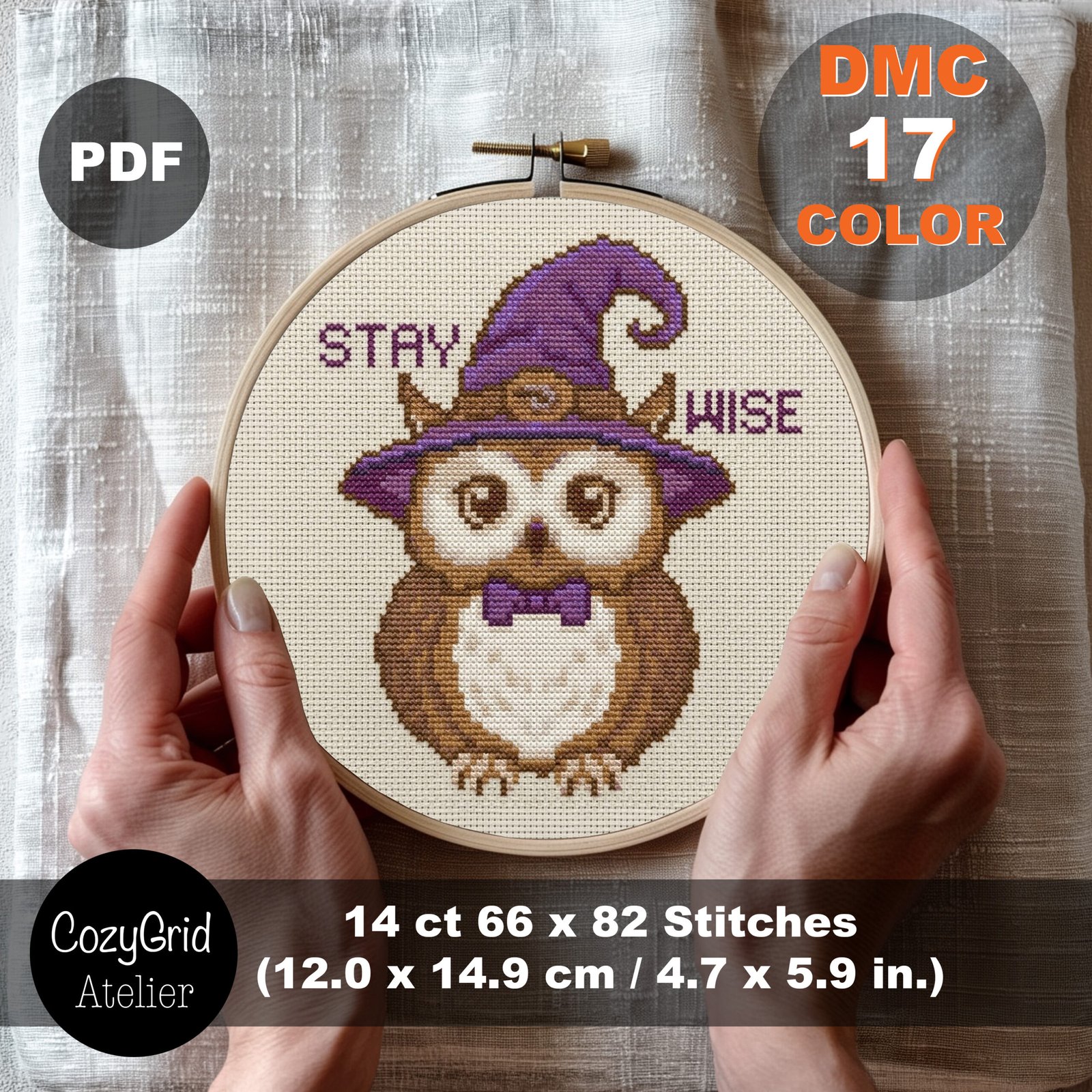 Stay Wise Owl Cross Stitch Pattern, Cute Witch Owl with Purple Hat Embroidery Chart PDF - Image 3