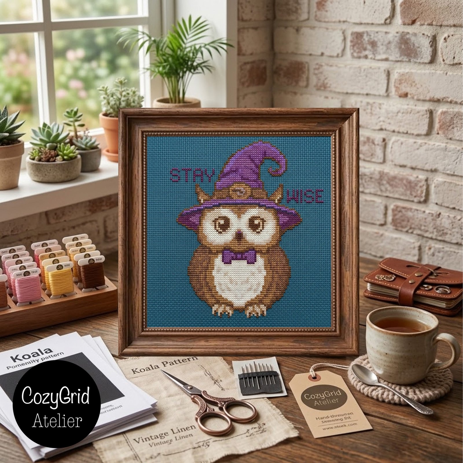 Stay Wise Owl Cross Stitch Pattern, Cute Witch Owl with Purple Hat Embroidery Chart PDF - Image 4