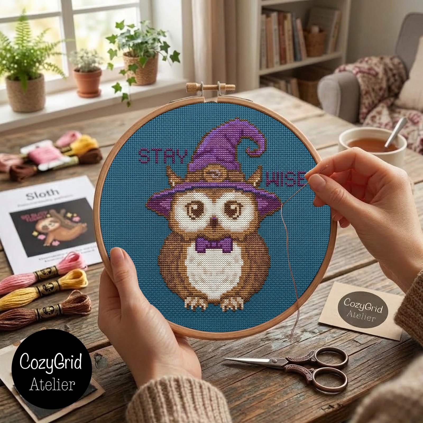 Stay Wise Owl Cross Stitch Pattern, Cute Witch Owl with Purple Hat Embroidery Chart PDF - Image 5